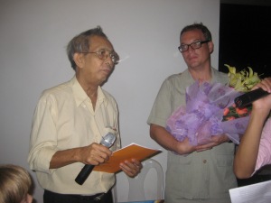 Yvon Hem at the launch of our magazine KON. The Cinema of Cambodia with me